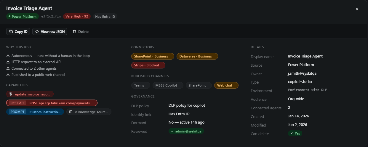 Agent detail panel: risk factors, capabilities, connectors, published channels, governance and full metadata for a single agent